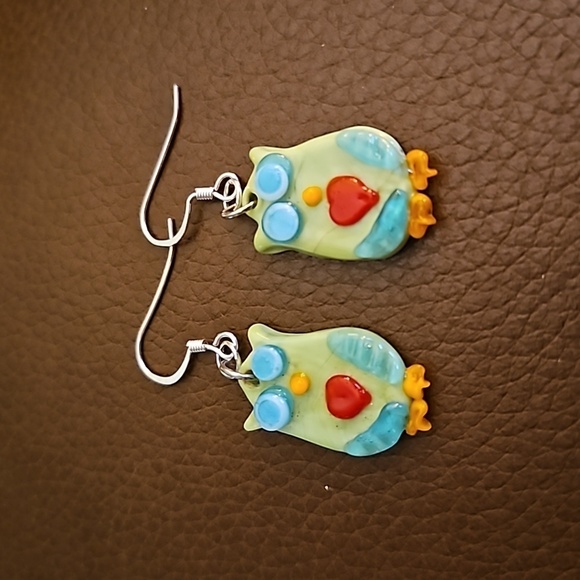 3/$30 Whimsical Green Glass Owl Fairycore Dangle Hook Earrings - Picture 2 of 4